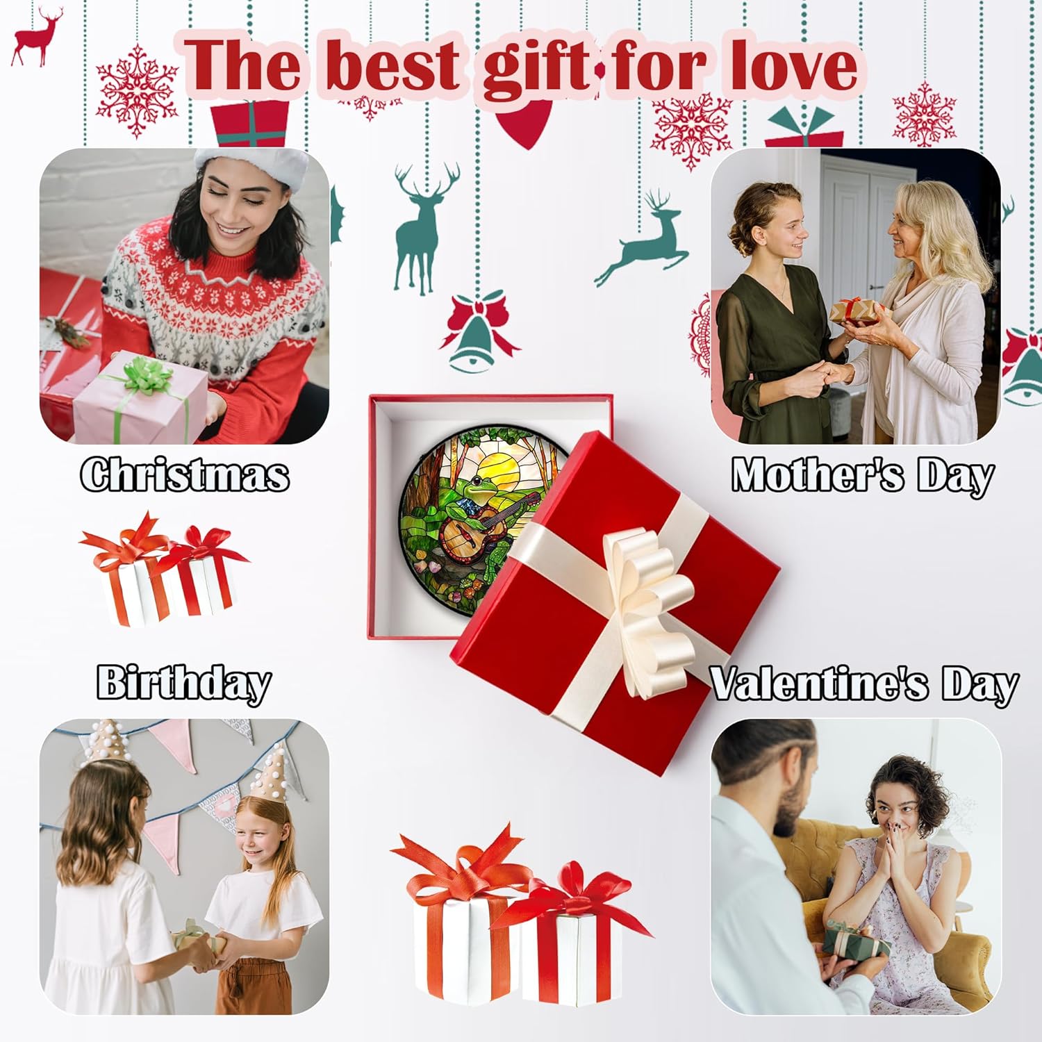 Stained Glass Window Hanging, Frog Playing Guitar Suncatcher Diamond Glass Panel Funny Sun Catchers Decor for Birthday for Women, Men, Wife, Aunt, and Mom 11.8x11.8 in