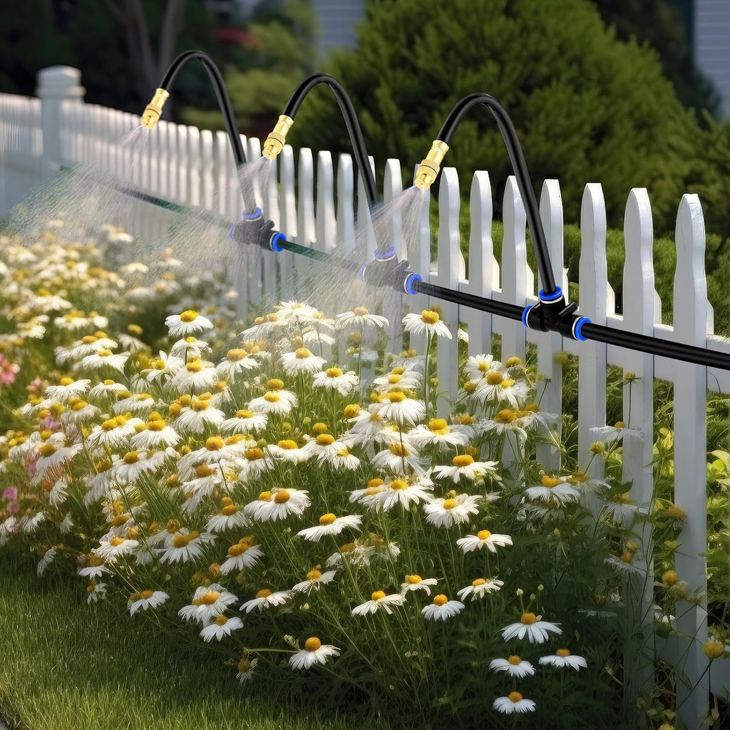 Zonon 10 Pcs Brass Misting Nozzles Tee with 16 Inch Built in Hose 360 Degree Rotation Adjustable Water Mister Nozzles Thread Sprayer 0.043" Misting Parts and Accessories for Patio Outdoor Cooling