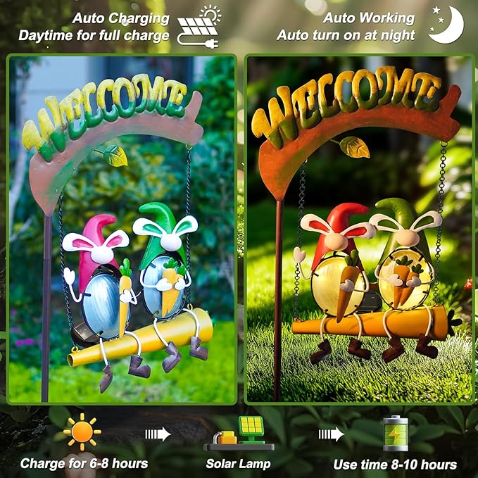 HONGLAND Solar Lights Outdoor Decor, Rabbit Swing Garden Decor, Funny Gardening Gifts for Women Mom, Gnomes Outdoor Decorations with Welcome Sign for Front Porch Patio
