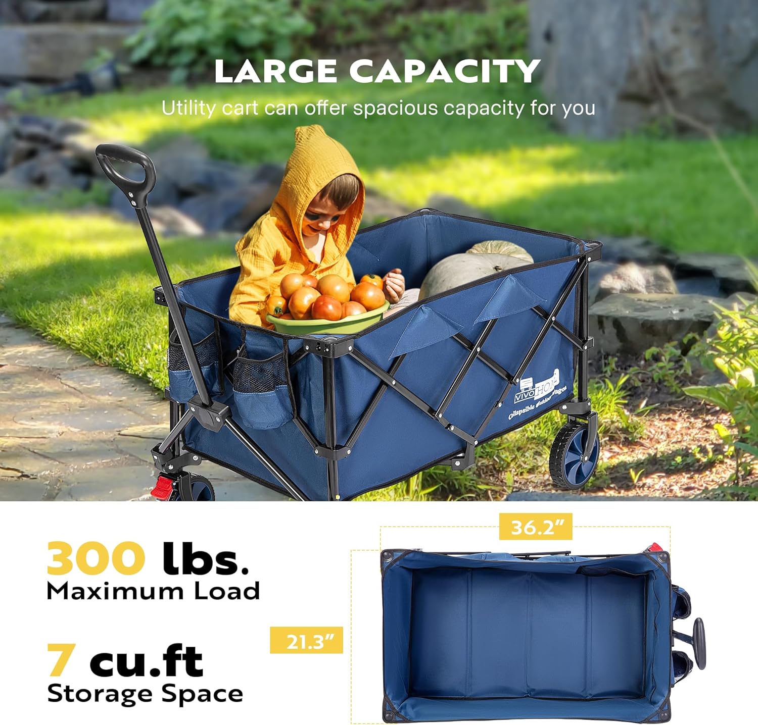 VIVOHOME 200L Collapsible Wagon 300lbs Heavy Duty Folding Utility Garden Cart Foldable Beach Wagons Large Capacity for Camping Picnic - Blue