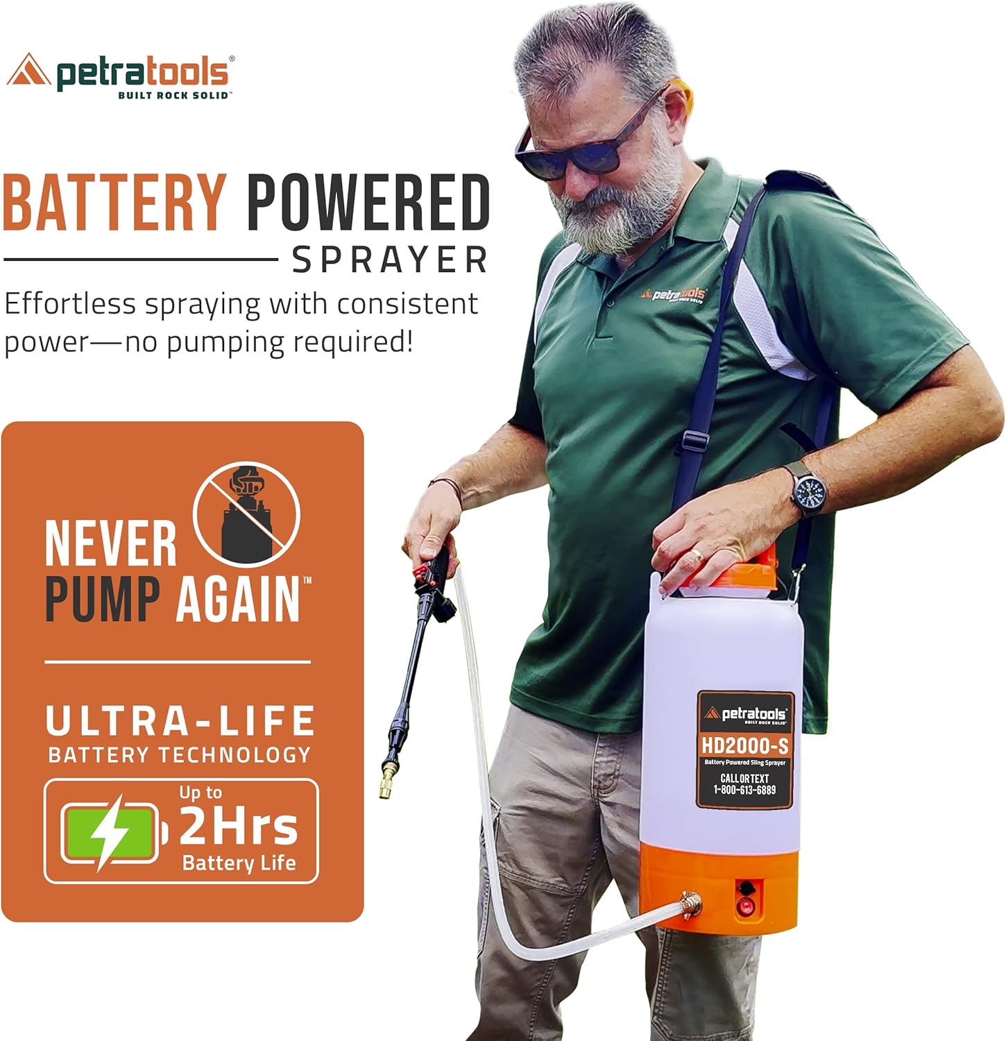 PetraTools Battery Powered Sprayer 2 Gallon - HD2000-S - Heavy Duty Electric Sprayer for Lawn and Garden Weed/Pest Control, Watering - with Battery, Charger & 2 Nozzles (2 Gallon)