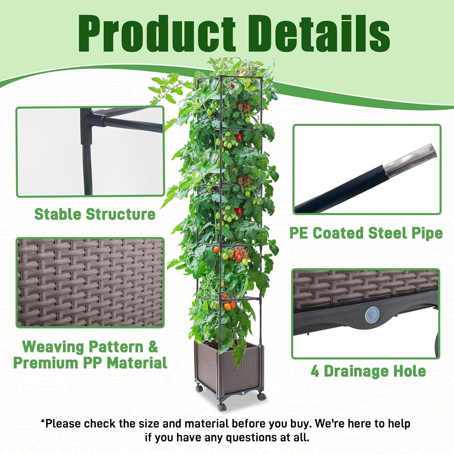 Raised Garden Bed with Tomato Planter Cage,50.4" Self Watering Tomato Planter with Plastic Coating Steel Pipe for Climbing Vine Flowers Outdoor, Tomatoes Cage with Trellis Wheels, 1Pack