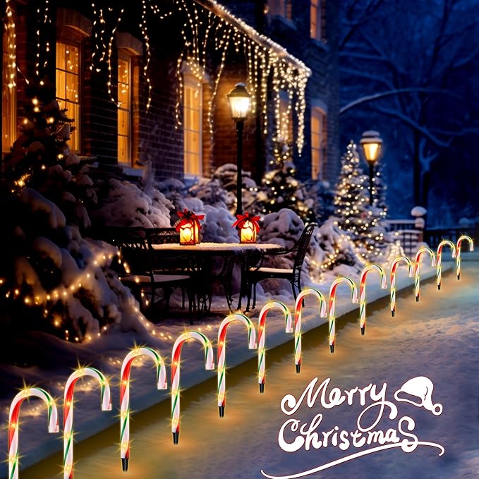 10" Christmas Candy Cane Pathway Lights, Set of 10 Pack Christmas Outdoor Decorations Candy Cane Lights Red & Green