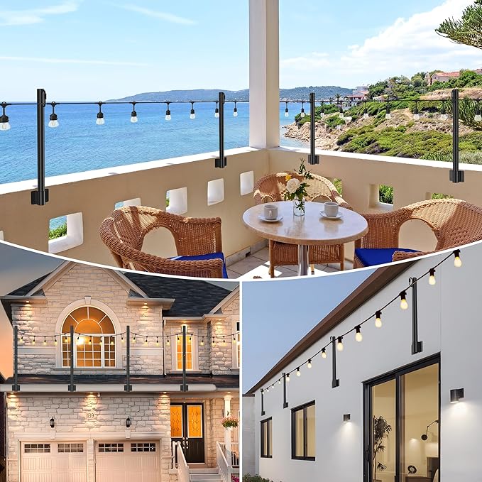 Suchtale 4 Pack 1.3 FT String Light Poles, Suspension Outdoor Fence Post Lights with Clip and Bracket, Outside String Lights Hanging, Wall Mounting Stand for Patio Garden Backyard Wedding Party, Black