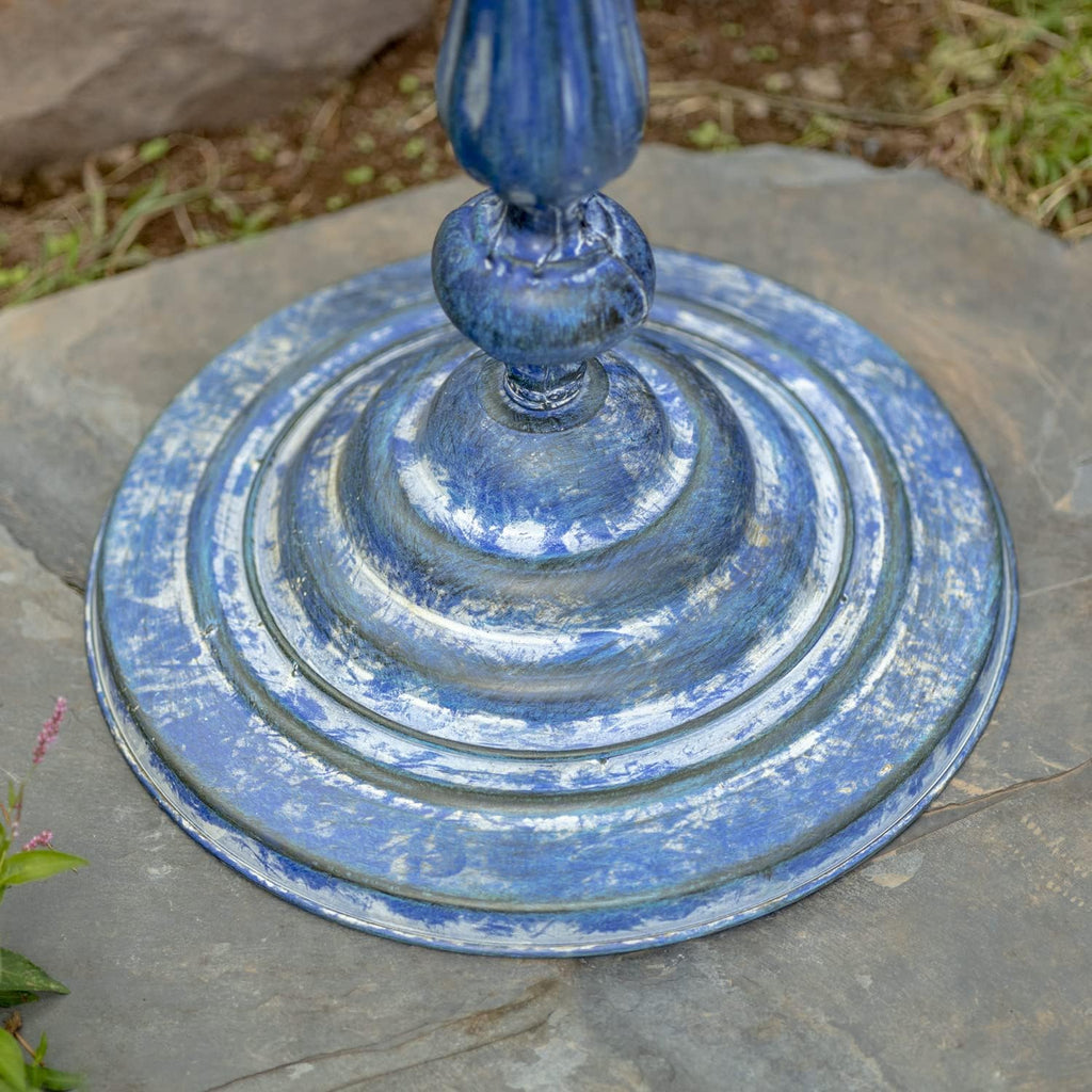 Zaer Ltd. Ornate Metal Pedestal Style Birdbath with Cast Iron Birds on Rim Full Base (Blue)