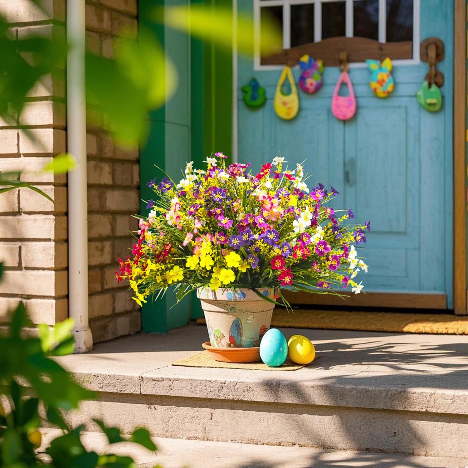 24 Bundles Artificial Faux Flowers Outdoor Plants for Autumn Summer Decoration,Fake Silk Realistic UV Resistant Colorful Daisy for Outside Home Porch Patio Balcony Yard Decor