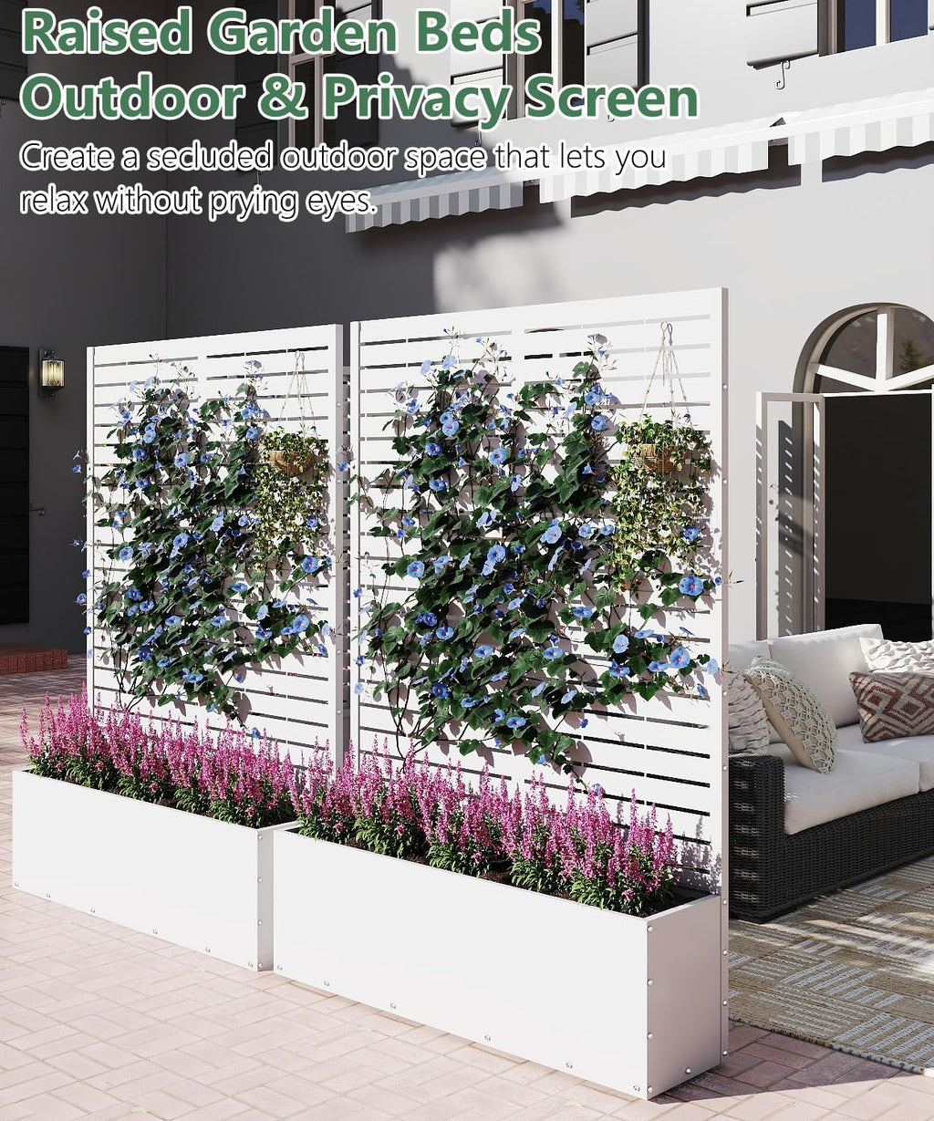 2PCS Metal Planter Box with Trellis,70.9"x47.2"x15.7" Raised Garden Bed with Drainage Holes, Privacy Planters for Outdoor Garden Bed for Climbing Plants,Vegetables,and Vines, White-louvered