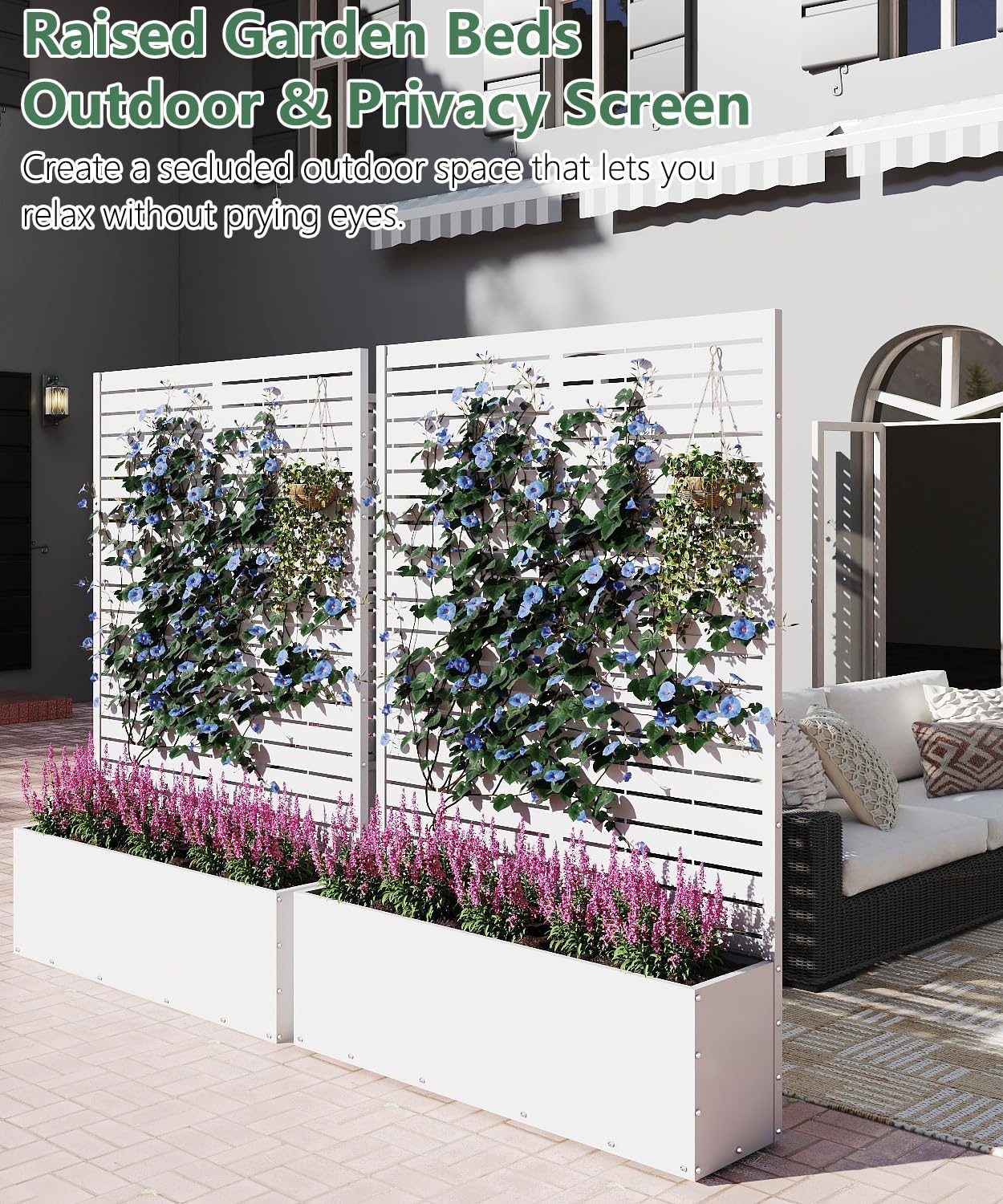 2PCS Metal Planter Box with Trellis,70.9"x47.2"x15.7" Raised Garden Bed with Drainage Holes, Privacy Planters for Outdoor Garden Bed for Climbing Plants,Vegetables,and Vines, White-louvered