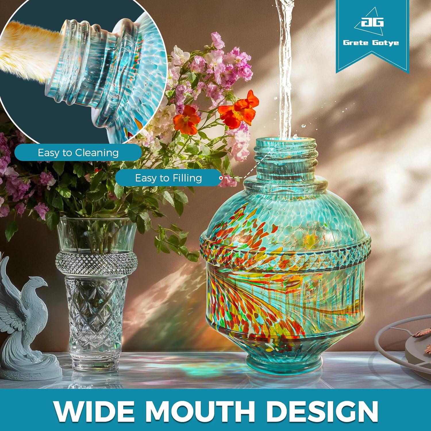 Hand Blown Glass Hummingbird Feeders for Outdoors, 25 Ounces Wild Bird Nectar Feeder with Perch & 5 Flower Feeding Ports Leak Proof Hanging for Garden Backyard Decor, Gifts for Women Mom, Blue