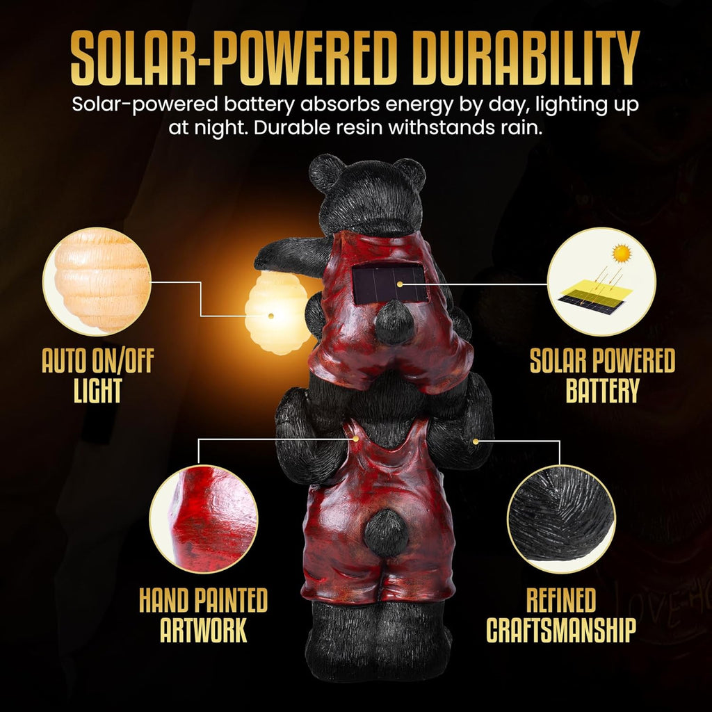 Black Bear Beehive Solar Light Figurine - Outdoor Waterproof Garden Statue - Animal Decor Light - Mother & Baby Bear for Outside - Patio, Yard, and Lawn