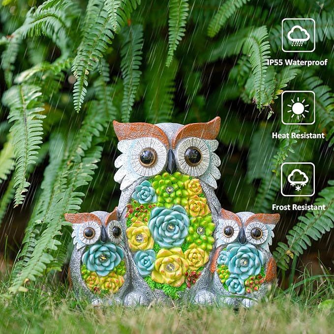 Solar Garden Statue Lights Owl Figurine with LED Lights, Outdoor Garden Succulent Ornaments Christmas Gift Waterproof Decoration for Outside Patio Yard Lawn Decor