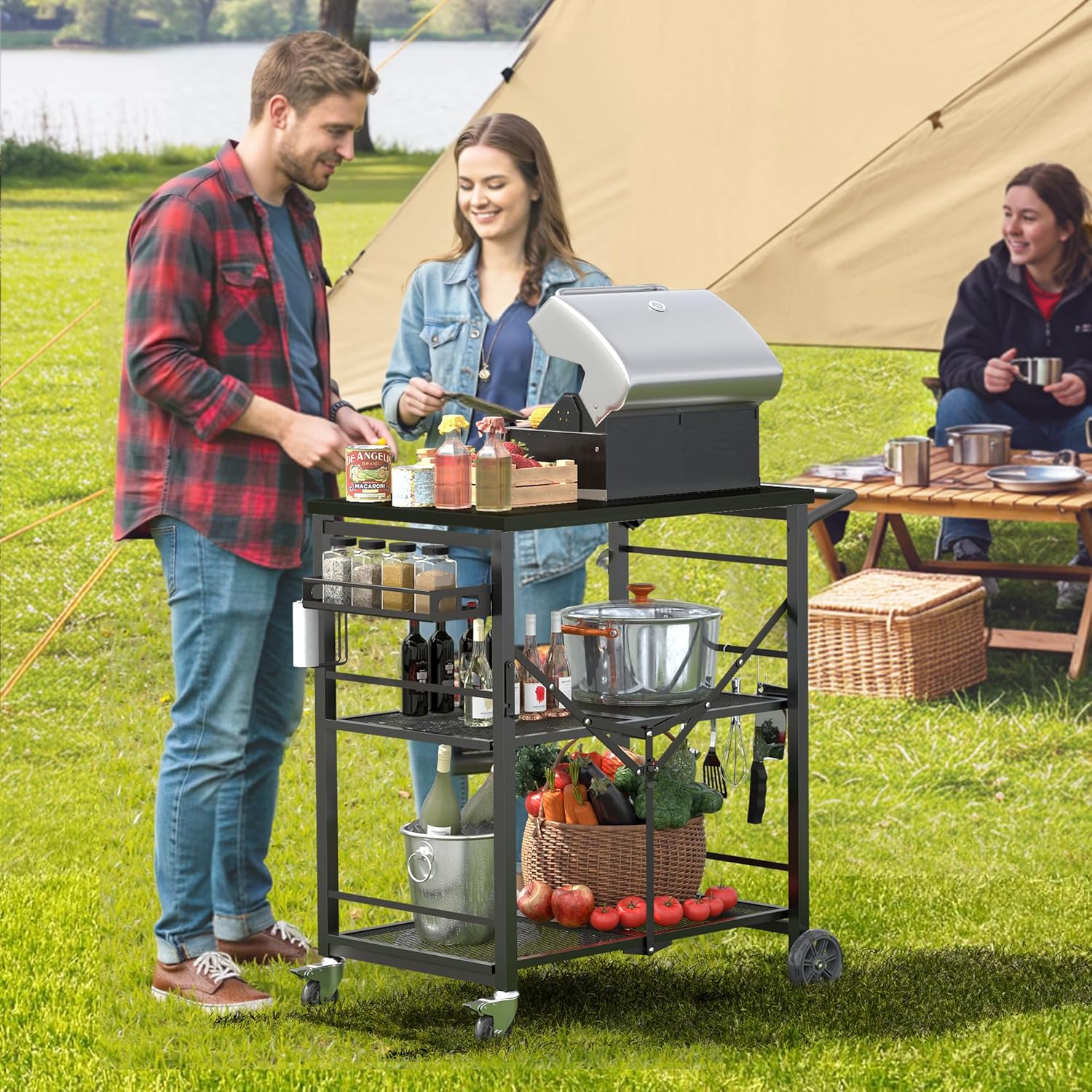 Ciokea Folding Outdoor Grill Cart with Wheels, 3-Shelf Grill Table with 27x18 in Table Top, Rolling Pizza Oven Stand, Metal Portable Cart for BBQ Patio Camping (All Black)
