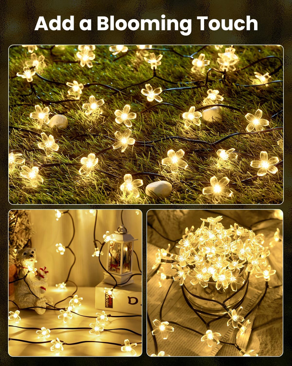 Brightown 60 LED Solar String Lights Flower Outdoor Waterproof Fairy Lights for Garden Yard Fence Patio Christmas Tree Wedding Party Decor, Warm White