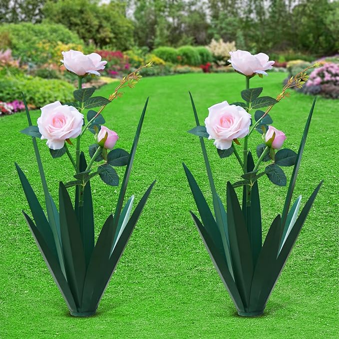 Large Tequila Rustic Sculpture, Home Decor Hand Painted Metal Agave Garden Yard Statue, Outdoor Lawn Ornaments (2 Big Flowers)