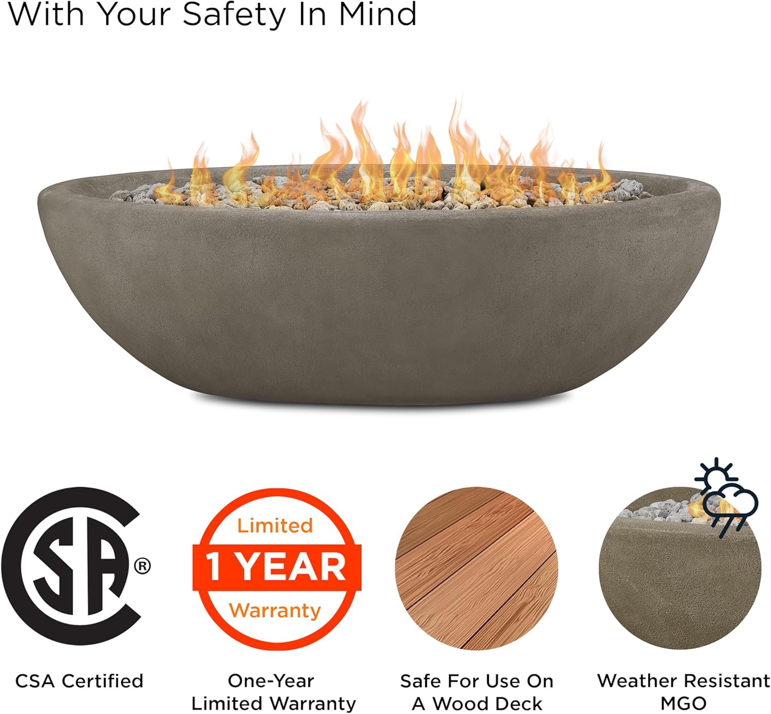 Real Flame Riverside 58" Oval Propane Fire Pit Bowl, Push-Button Ignition, Includes 28" Stainless Steel Burner, Lightweight 50,000 BTUs of Heat - Adjustable Flame Height