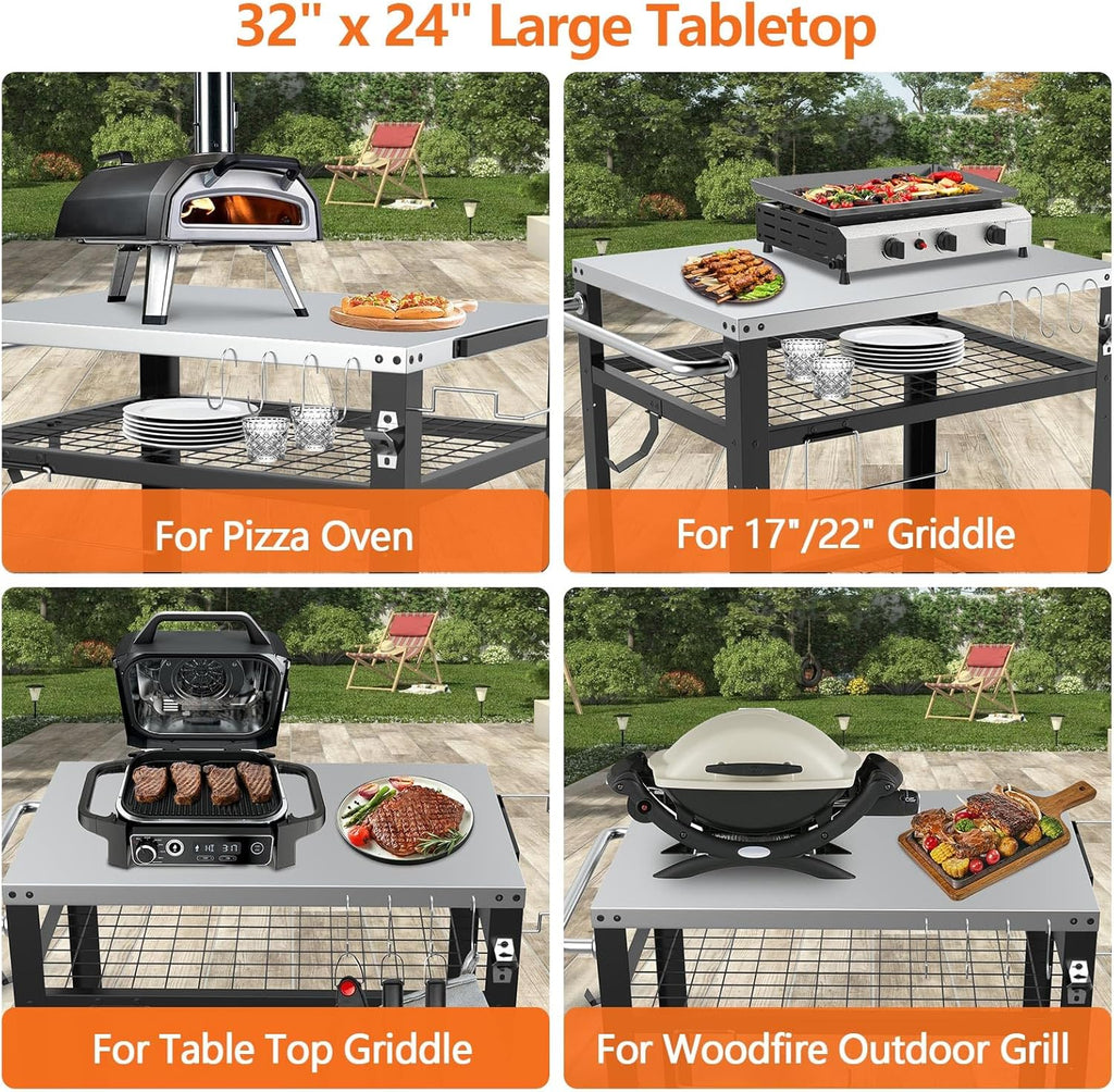 Stainless Steel Pizza Oven Table for Ooni, 650lbs Outdoor Grill Cart with Wheels and Handle, 32"x 24" Three-Shelf Food Prep Cart for Griddle, Movable Outdoor Pizza Cart