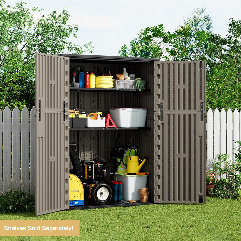 KINYING Outdoor Vertical Storage Shed,57 Cu.ft Outdoor Storage Cabinet Waterproof,Resin Sheds & Outdoor Storage Clearance for Garden,Patio,Backyard,Lockable (Brown)
