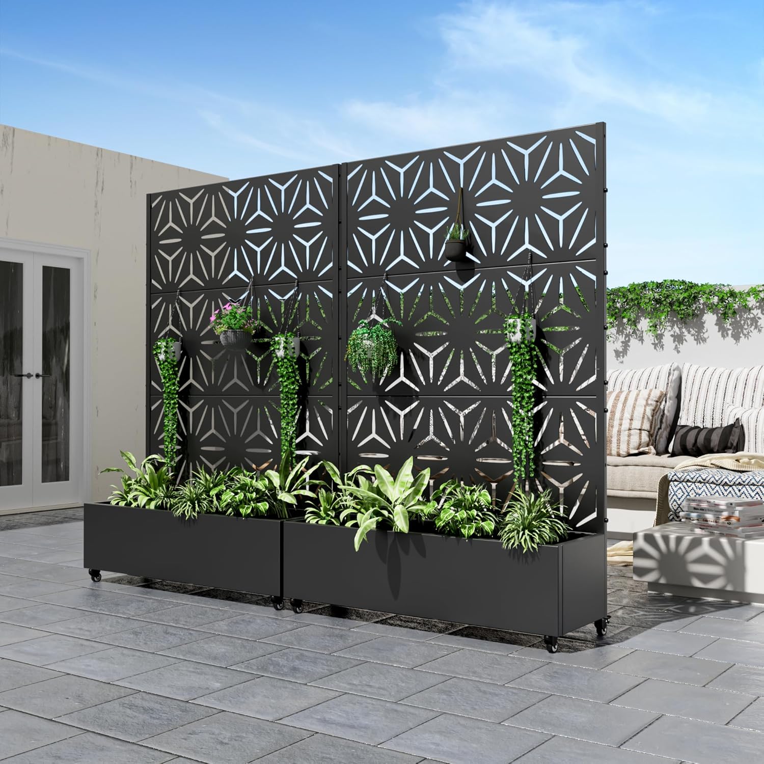 Lumioca 71"x47"x16" Metal Raised Garden Bed with Trellis, Trellis with Planter Box for Backyard Patio Balcony Climbing Plants, Black Star