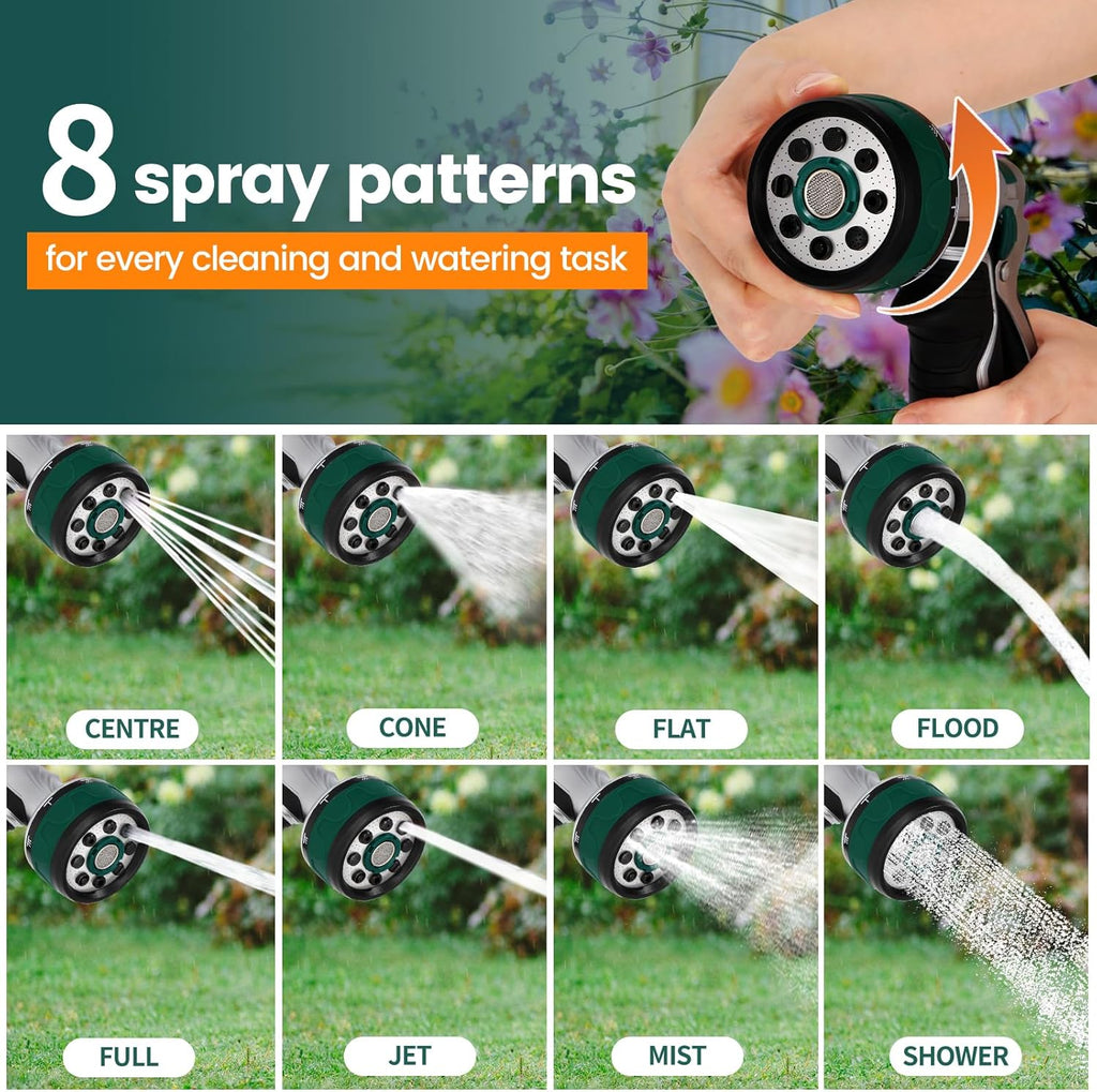 Garden Hose Nozzle, Heavy Duty Metal Water Hose Sprayer Nozzle with 8 Spray Patterns, High Pressure Handheld Nozzle with Flow Control for Lawn & Plant Watering, Car Washing – Forest Green