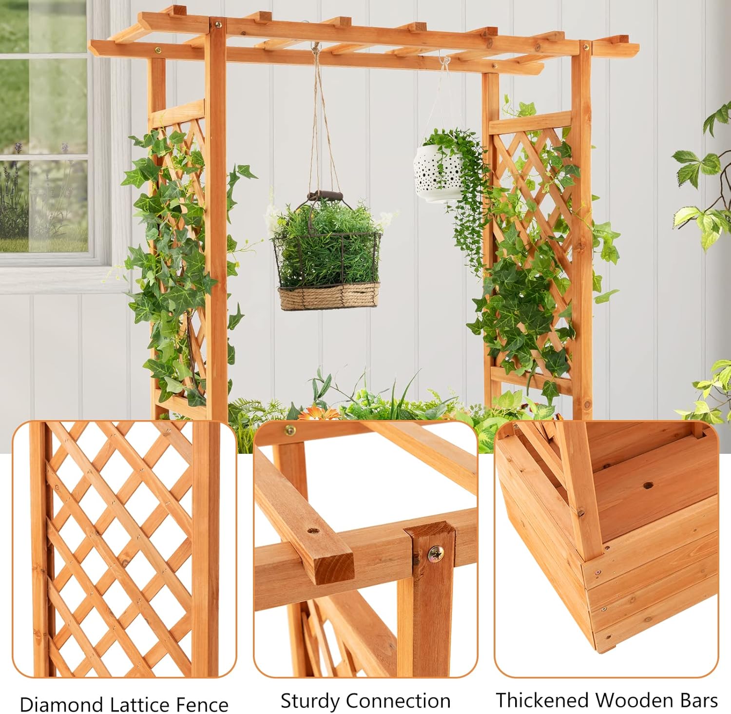 S AFSTAR Raised Garden Bed with Arch Trellis, Wood Planter Box with Hanging Roof, Side Trellis, 4 Drainage Holes, Above Ground Elevated Garden Bed for Outdoor Climbing Plants Vines Patio
