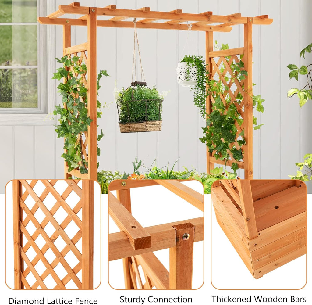 S AFSTAR Raised Garden Bed with Arch Trellis, Wood Planter Box with Hanging Roof, Side Trellis, 4 Drainage Holes, Above Ground Elevated Garden Bed for Outdoor Climbing Plants Vines Patio