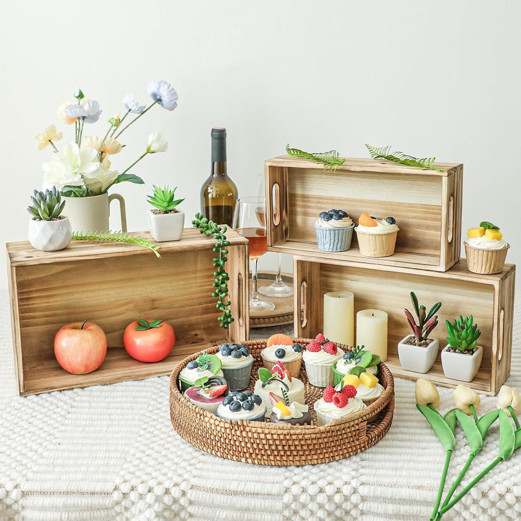 Wooden Boxes, Large Wooden Crates Set of 3 Vintage Torched Brown Wood Storage Crates for Display Home Party Office Bedroom Kitchen Closet