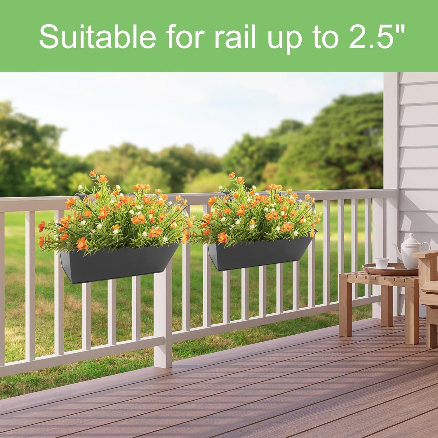 Railing Planters Outdoor Balcony 16 Inch Deck Over The Railing Planter Boxes Hanging Planters for Fence Flower 5 Pcs (Black)