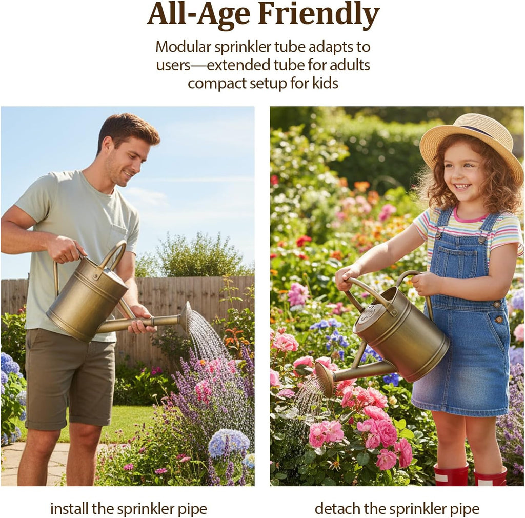 1 Gallon Vintage Bronze Galvanized Metal Watering Can for Indoor/Outdoor Plants,Garden, Balcony for Kids and Adults, Detachable Spout, Retro Rustic Decor (Shadow Patina)