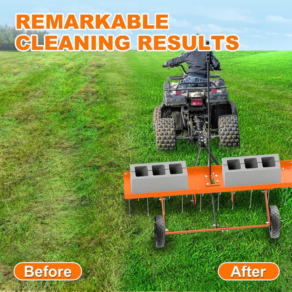 40" Tow Behind Lawn Dethatcher, Pull Behind Rake with 24 Rust-Proof Tines and Heavy Tires, Lawn Tractor Rake with Lift Handle, Tow Behind Rakes to Remove Thatch, Leaves from Large Lawn Area