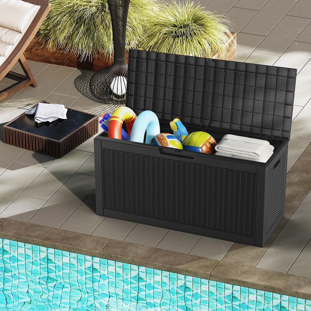 Mars Villa 60 Gallon Deck Box, Outdoor Storage Box Waterproof, Outside Resin Storage Bin for Outdoor Patio Furniture Cushions, Pool Supplies, Garden Tools, UV-Resistant and Weatherproof, Rattan Black