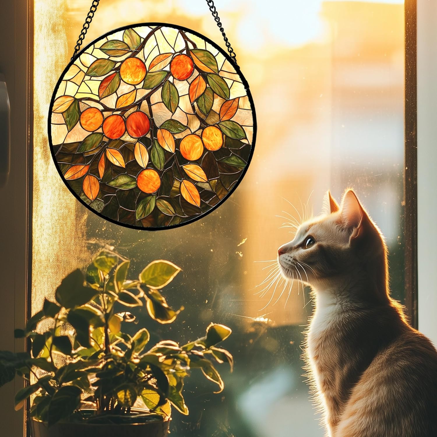 Stained Glass Suncatcher, Orange Green Fruit Tree Sun Catcher Landscape Stain Glass Window Hanging Decoration Mother's Day Birthday Gifts for Women Men Mom Nana 7.8 in