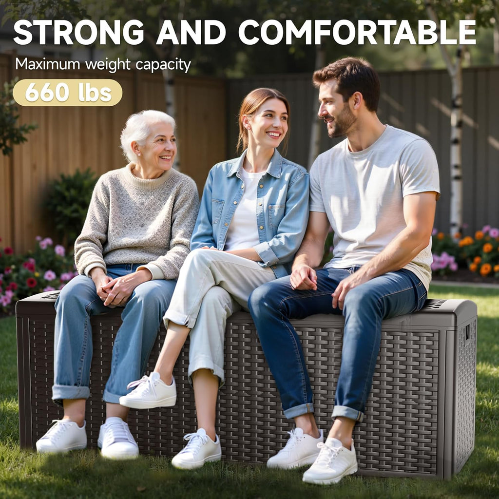 150 Gallon Deck Box, Double Layer Waterproof Resin Outdoor Indoor Storage Box, Lockable & UV Resistant Storage Bin for Patio Furniture, Garden Tools, Pool Accessories (Brown)