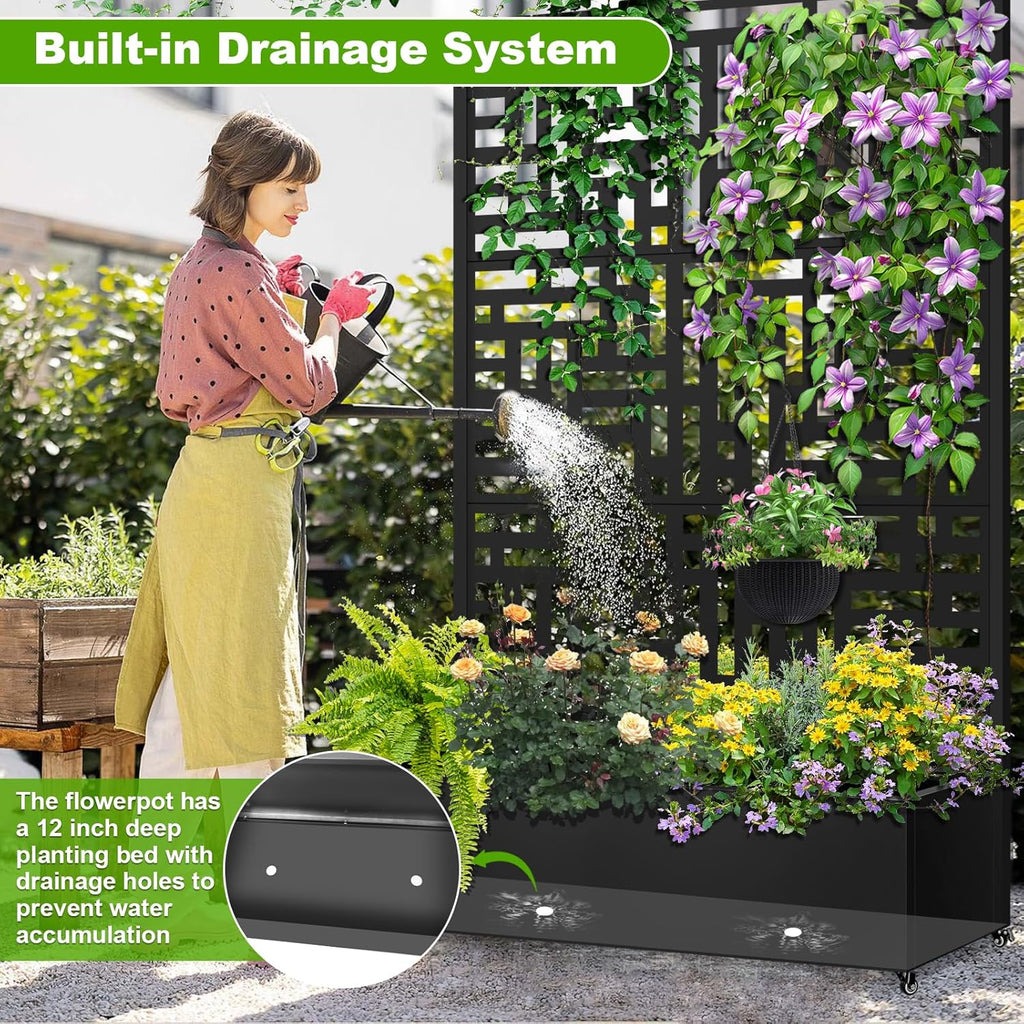 Metal Planter Box with Trellis, 72"x47"x16" Metal Raised Garden Bed with Trellis, Trellis Planter Box with Drainage Holes & Lockable Casters for Climbing Plants, Vegetables, and Vines