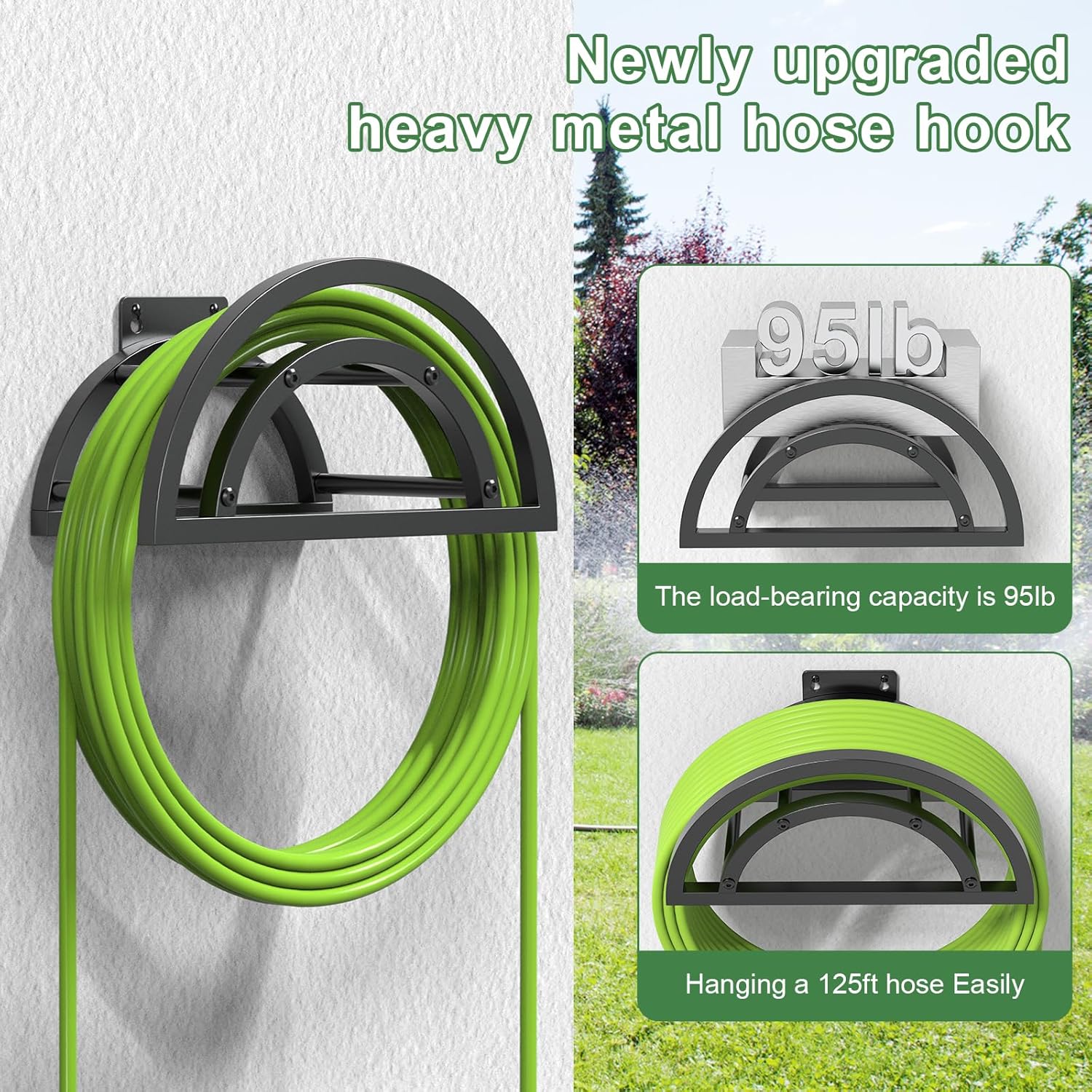2 Pack Garden Hose Holder, Outdoor Hose Holder Wall Mounted Holds 125-ft Hose, Heavy Duty Metal Hose Hanger, Sturdy Detachable Hose Reel Storage Organizer, Hose Rack for Outside Garden Lawn Yard Farm