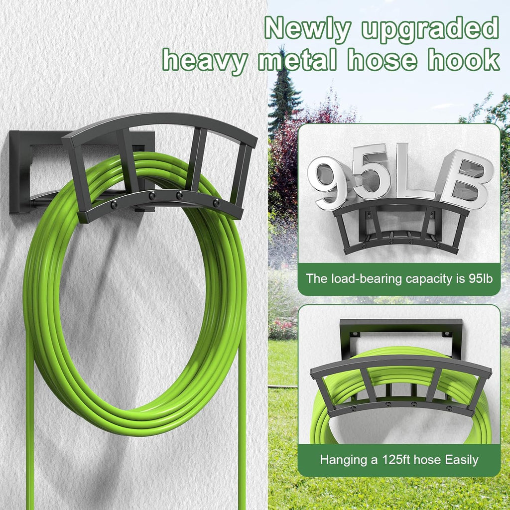 2 Pack Garden Hose Holder Wall Mounted, Outdoor Heavy Duty Metal Water Hose Holder Hanger Holds 125-ft Water Pipe, Sturdy Detachable Hose Storage Organizer Reel Rack for Outside Garden Lawn Yard Farm