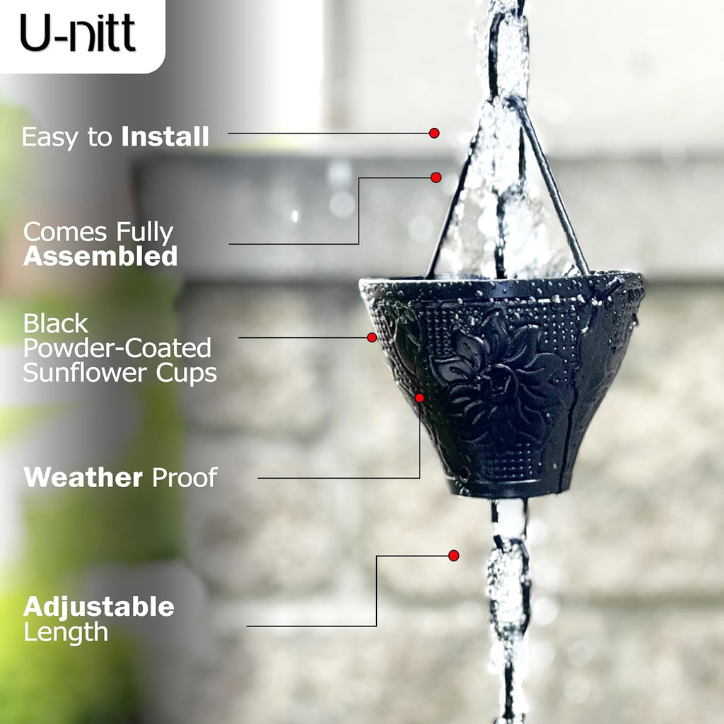 U-nitt Rain Chain Water Collection for Gutters, Rainwater Catcher & Diverter, 8.5 FT Chains for Outside Garden, Sunflower Cups, Roof Downspout, Works with Heavy Rain, w/Gutter Clip for Rainchains