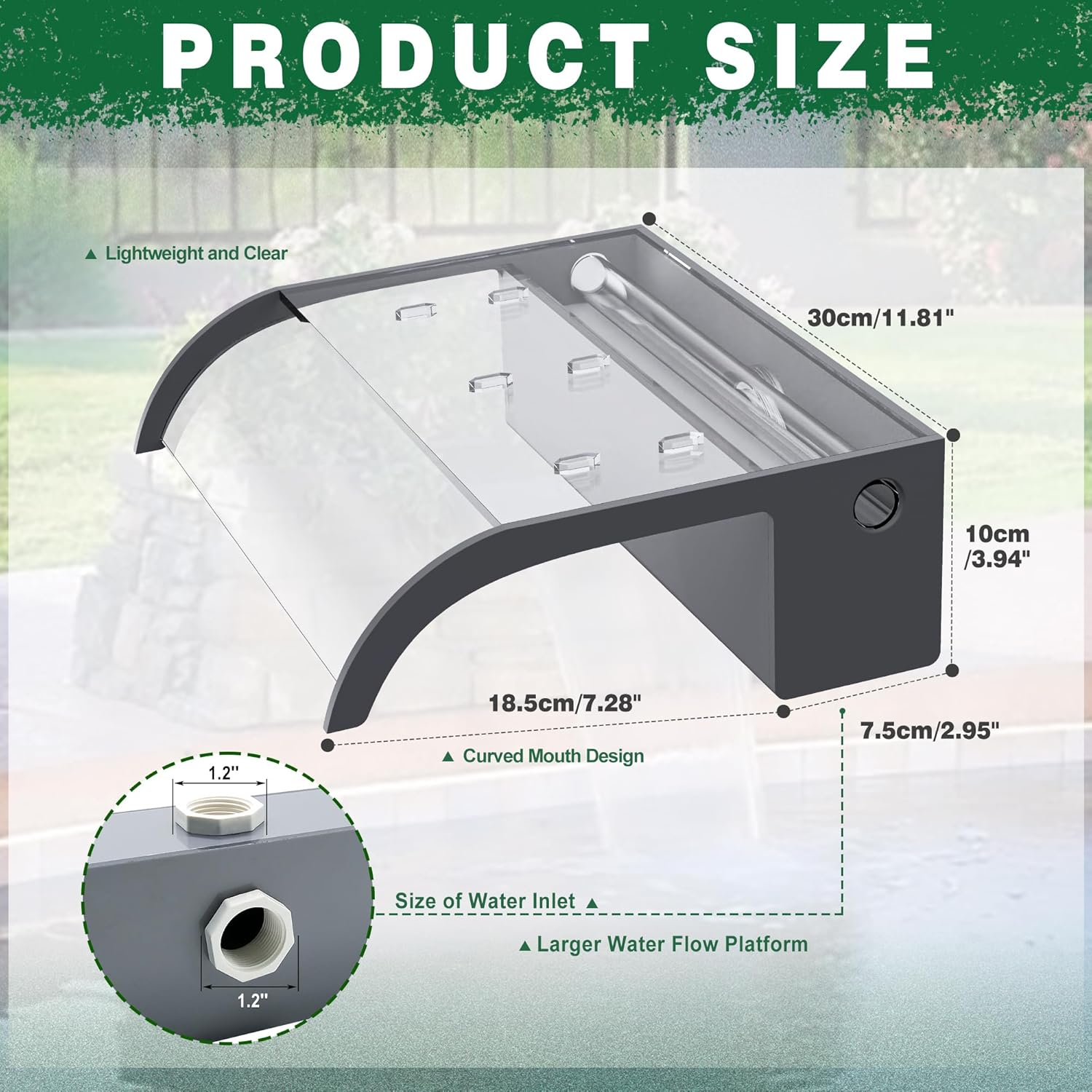 Waterfall Pool Fountain, LONGRUN Acrylic Waterfall Spillway for Pools and Ponds - 11.8" Wide Decorative Water Feature for Swimming Pools, Koi Ponds, and Garden