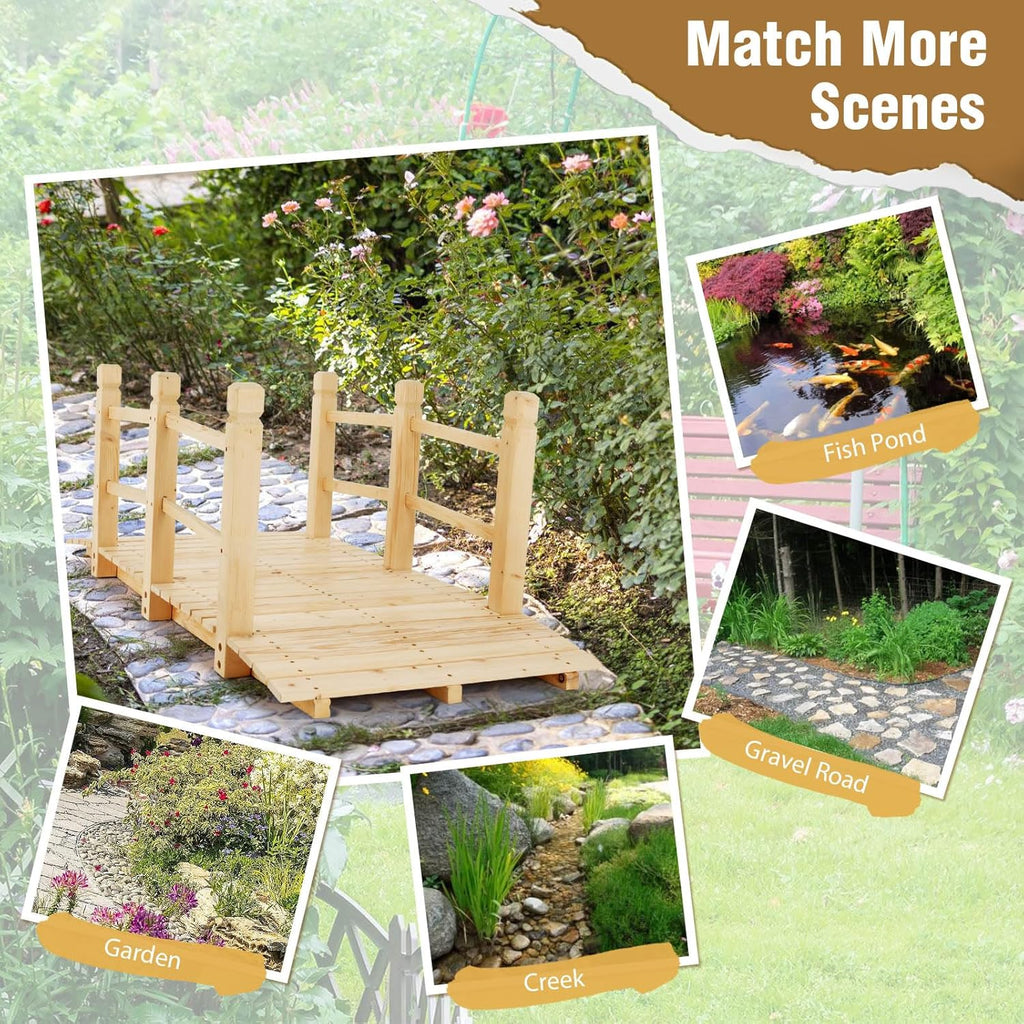 Giantex 5 ft Garden Bridge - Natural Wood Arc Footbridge Walkway with Side Railings, Decorative Wooden Bridge Landscaping for Backyard Farm Garden Creek Pond Decor, Easy to Assemble (Natural)