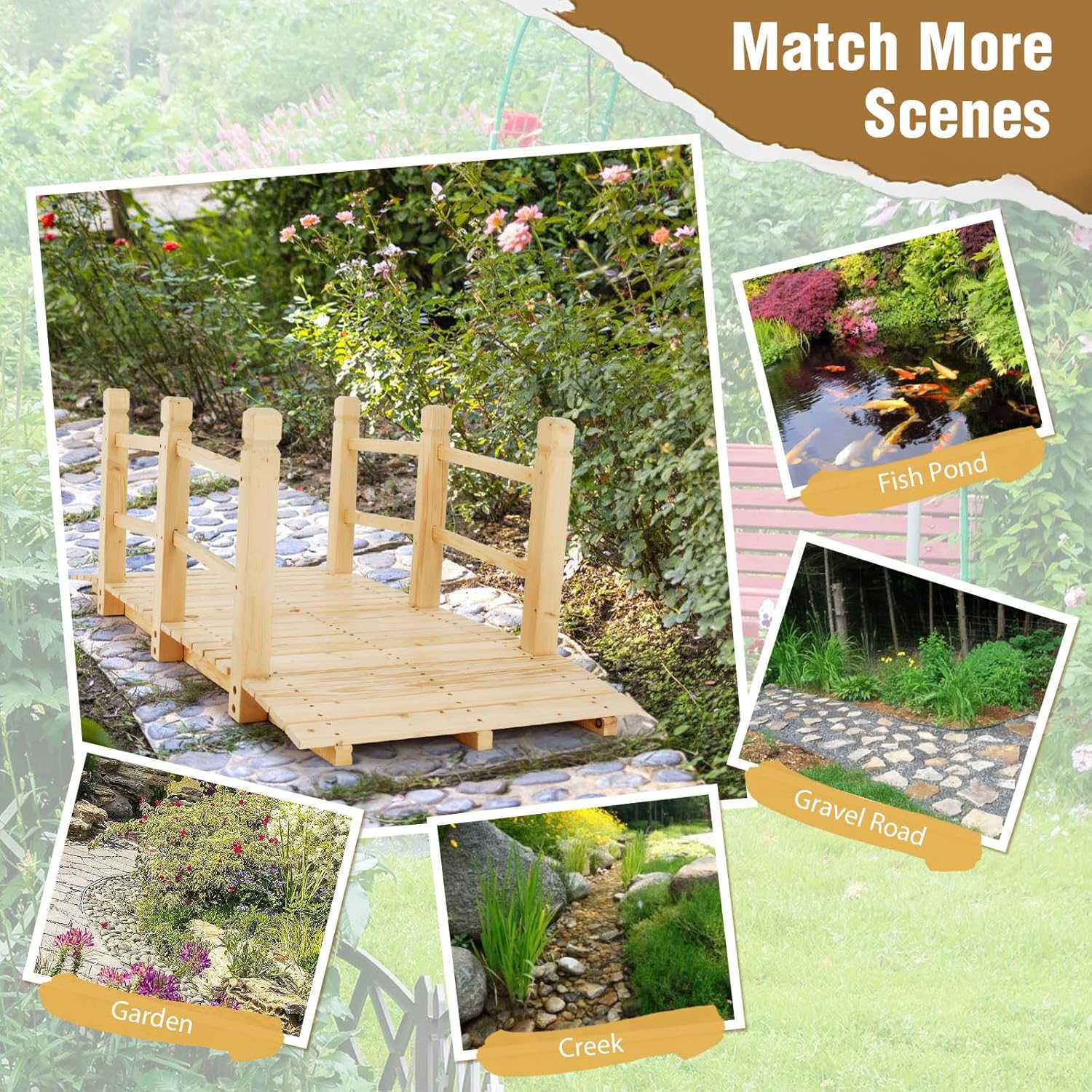 Giantex 5 ft Garden Bridge - Natural Wood Arc Footbridge Walkway with Side Railings, Decorative Wooden Bridge Landscaping for Backyard Farm Garden Creek Pond Decor, Easy to Assemble (Natural)