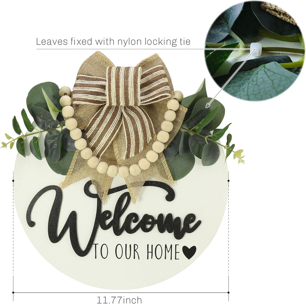 3D Welcome Sign for Front Door |Home/Farmhouse Porch Décor Wooden Hanging Sign with Artificial Leaves and Rustic Beads | Christmas Classroom |12" Round|White