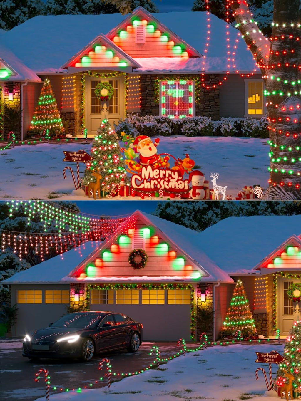 Red Green Solar Christmas Lights Outdoor Decorations Waterproof, Tatal 4 Pack 400LED 132FT Solar String Lights Green Wire with 8 Modes, Christmas Fairy Light for Xmas Tree Party Wedding Garden Decor