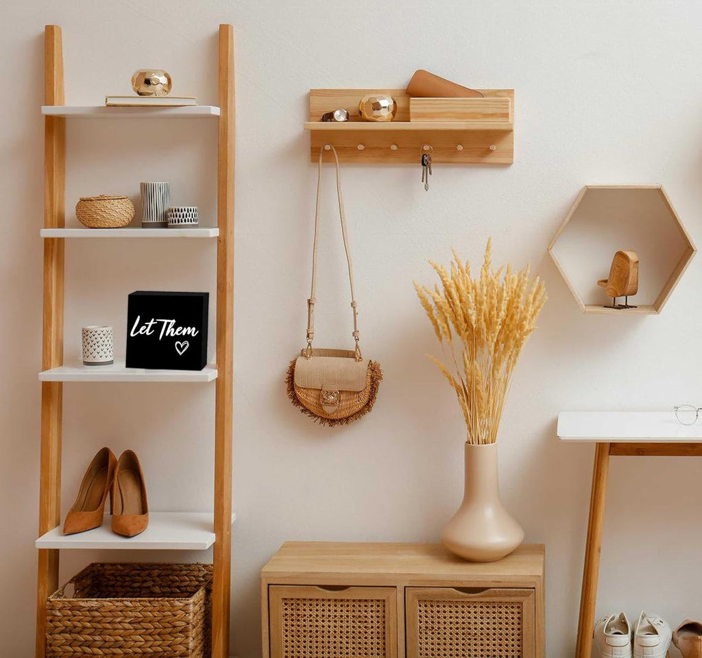 Let Them Wooden Sign, Mental Health Quote Farmhouse Wood Box Sign 5 X 5", Let Them Office Desk Accessories for Cubicle Decor, Office Gifts for Coworkers Women, Office Decorations for Work (Black)