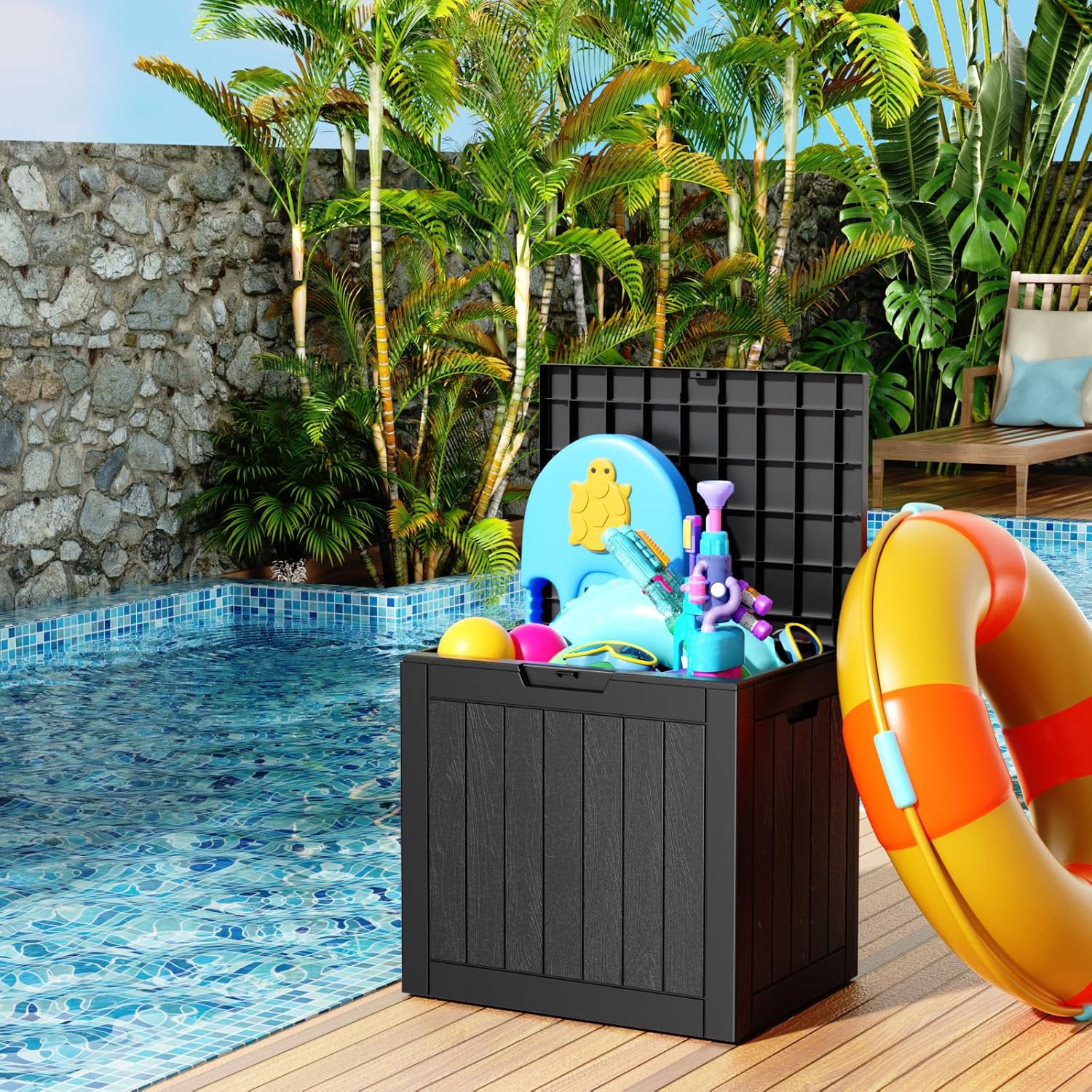 31 Gallon Resin Deck Box, Lockable Patio Outdoor Storage Box for Furniture, Garden Tools and Tools Storage, Waterproof Outside Storage Boxes - Black