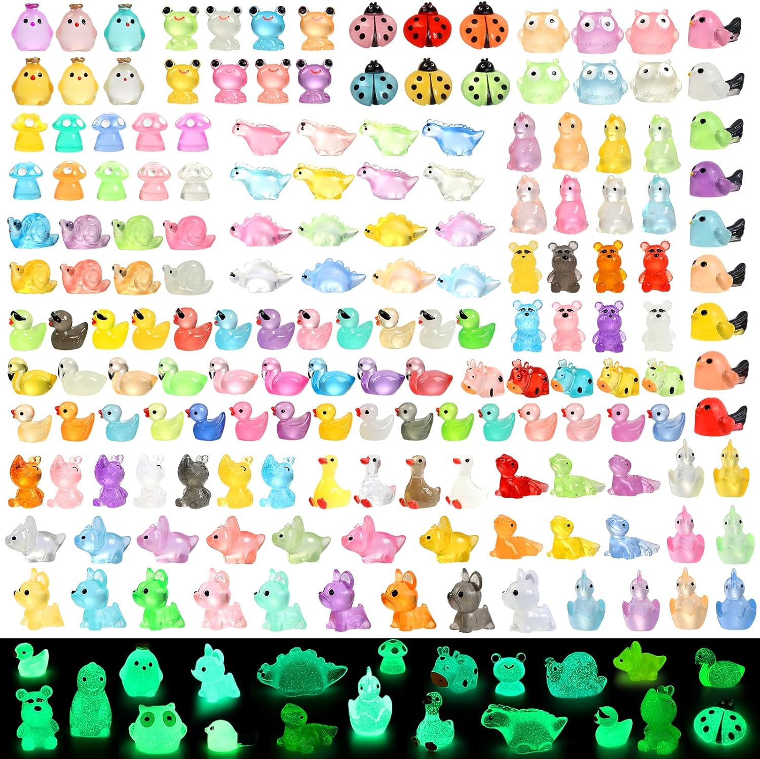 168 Pcs Mini Resin Animals Tiny Resin Animals Mini Ducks Miniature Little Small Figurines Glow in The Dark for Dollhouse Fairy Garden Accessories DIY Hide Crafts Potted Plant Aquarium Decor