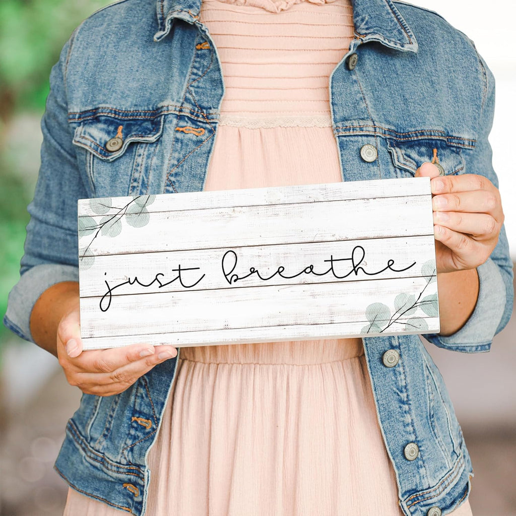 Simply Said, INC Inspire Boards Just Breathe Sign, Rustic Wooden Plaque, Farmhouse Wall Decor, Motivational Mindfulness Quote Board, 12 x 5.5 Inch