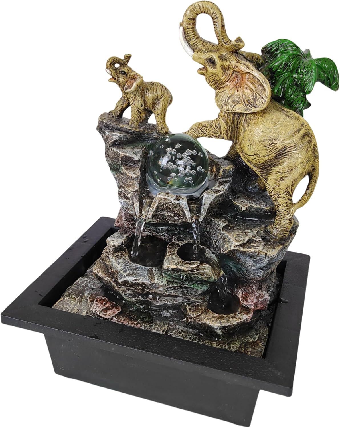 Decorative Elephant Cascade Tabletop Fountain with LED Globe, 3-Tier Design, A Quiet and Soothing Indoor Desktop Fountain