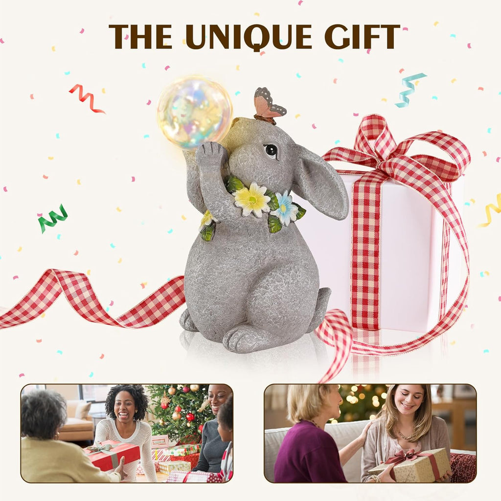 MININOVA Solar Garden Decor Lights Rabbit Statue with Bubble Ball Waterproof Decorations Cute Bunny Figurine for Outside Spring Yard Housewarming Mother Gifts for Women