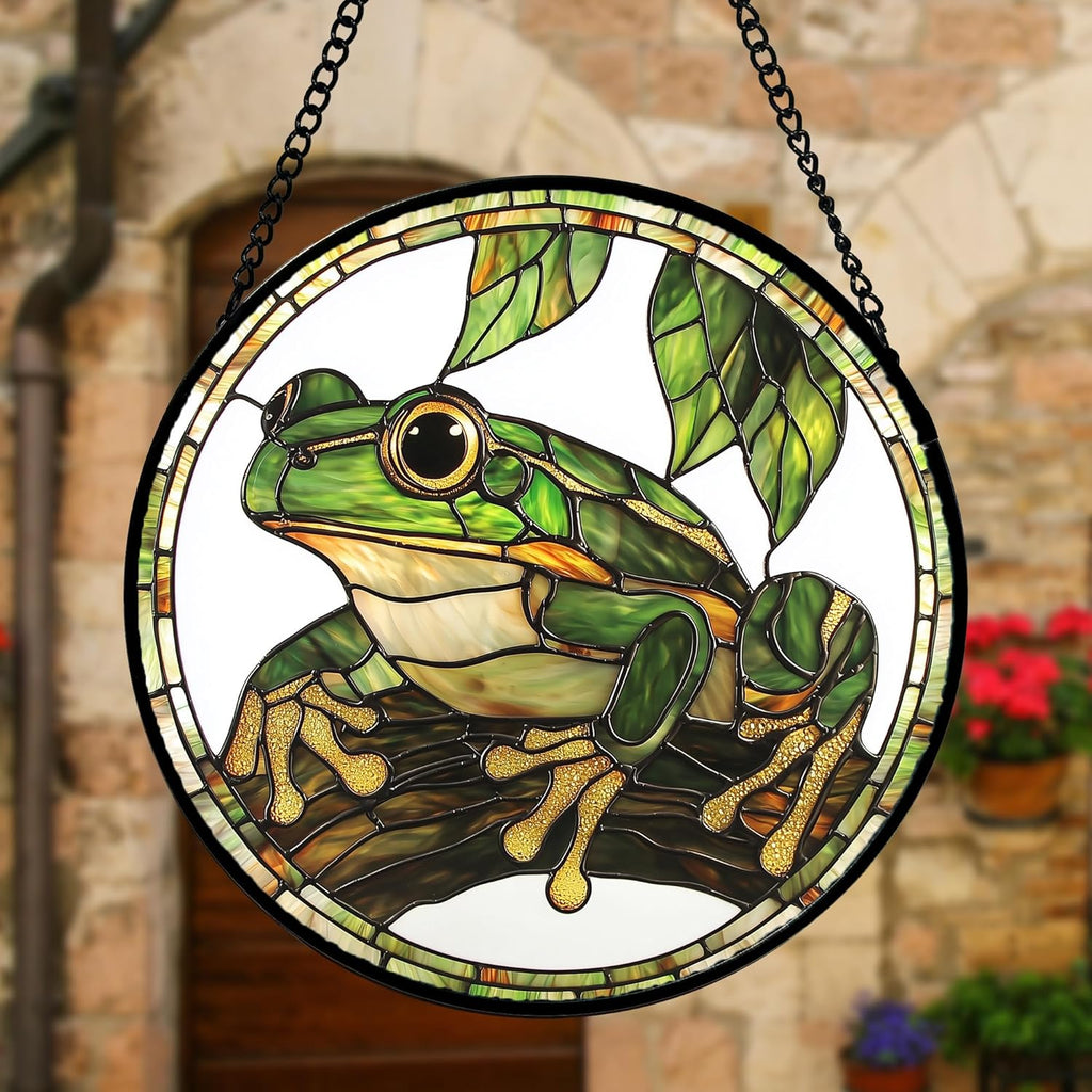 Stained Glass Window Hanging, Frog Green Leaf Sun Catchers Colorful Glass Panel Cool Suncatcher Decor for Birthday for Women, Men, Wife, Aunt, and Mom 6.3 in