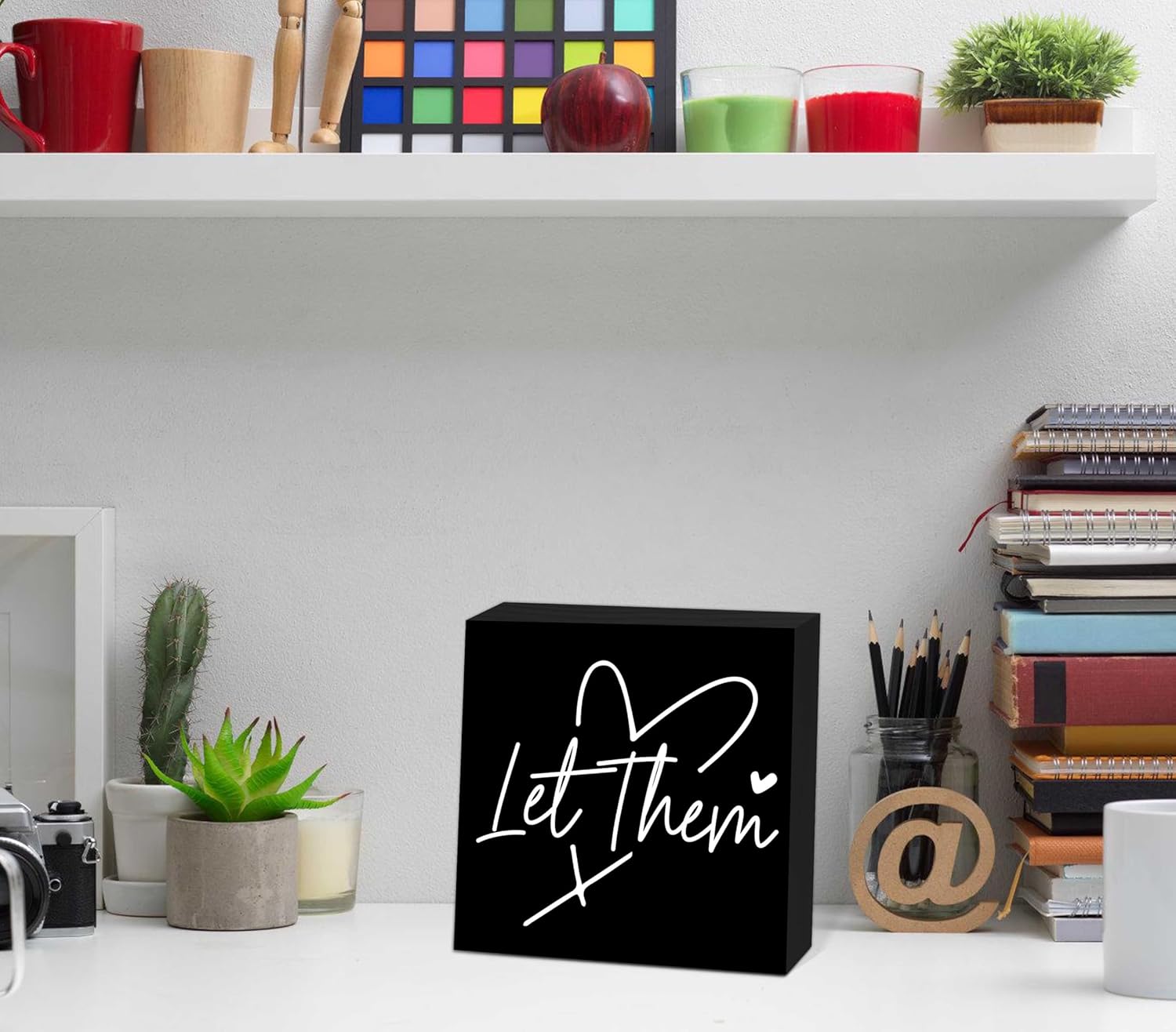 Let Them Wooden Sign, Black Office Decorations for Work, Let Them Mental Health Rustic Wood Box Signs 5x5 Inch, Desk Shelf Tabletop Decor for Home Cubicle Decor, Office Gifts for Coworkers Women, 18