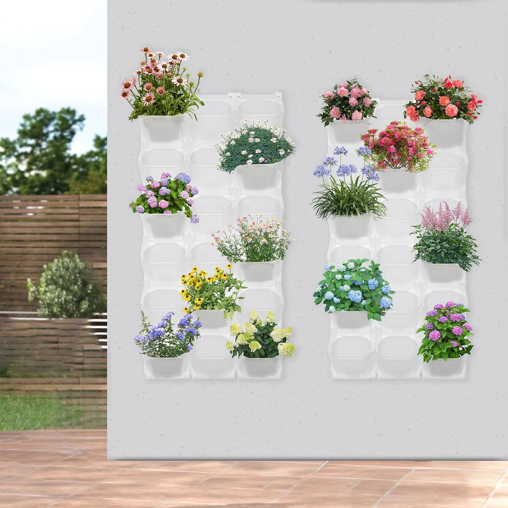Wall Planter with 36 Pots, Vertical Garden Wall-Mounted Indoor & Outdoor Flower Pot Holder for Herbs, Vegetables, Succulents, Plastic Planter with Drainage Holes (White)